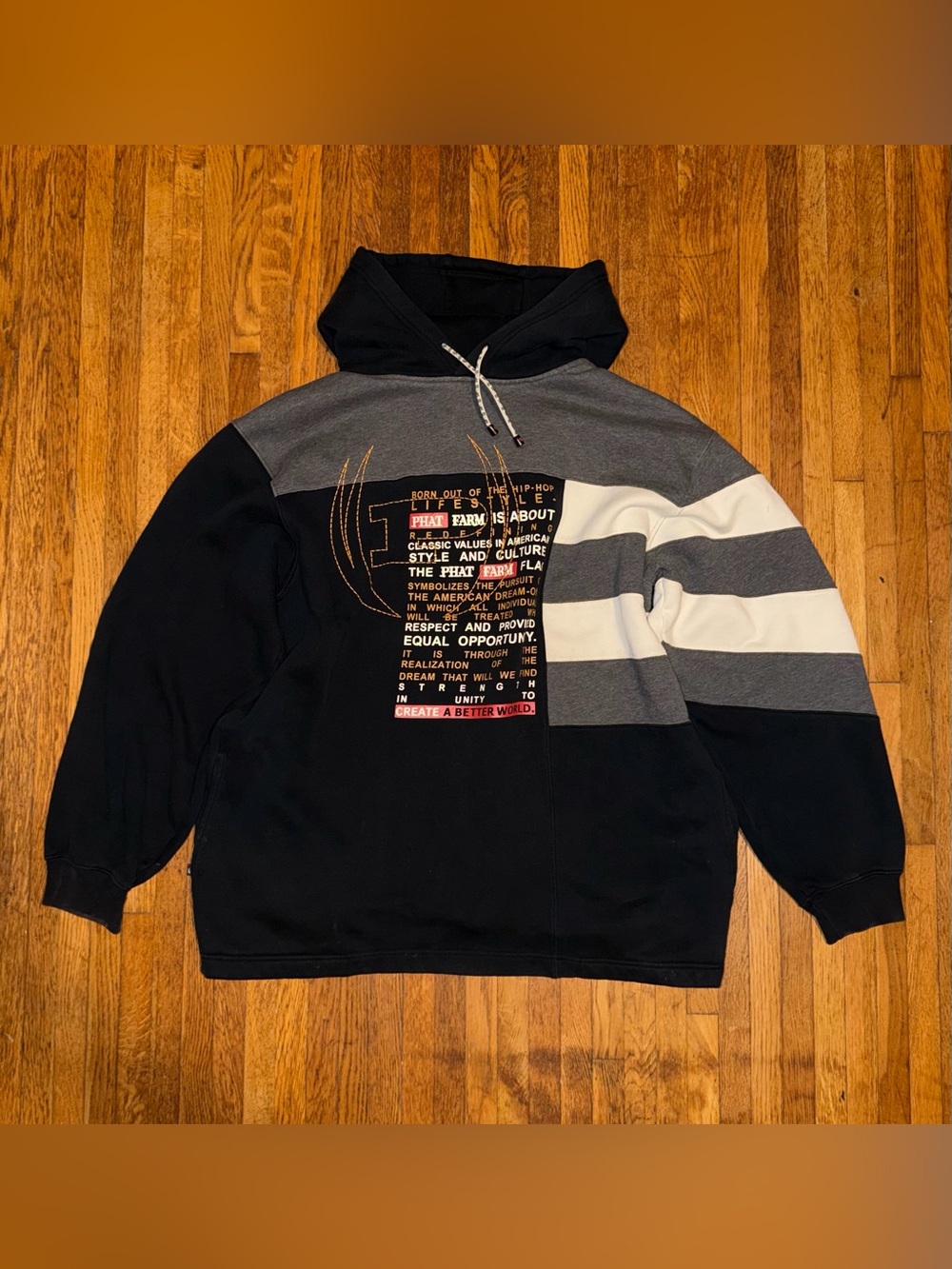 Vintage Phat Farm Black, Gray & White Striped Hoodie